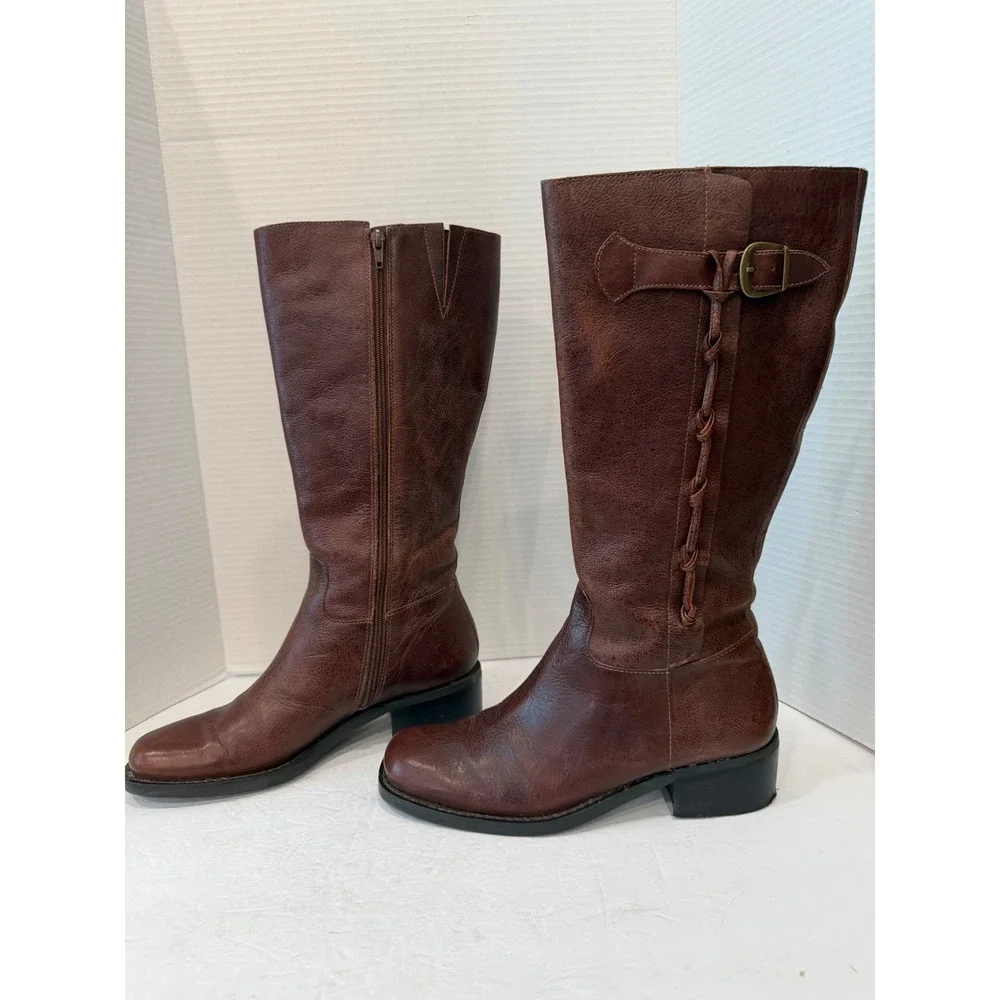 NICOLE Brown Leather Braided Buckle Tall Equestrian Zip Up Riding Boots 9.5M